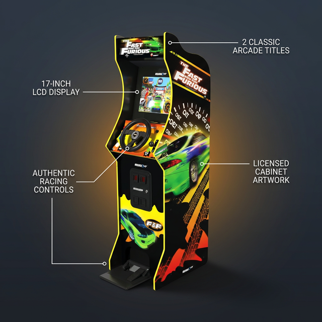 the Fast & the Furious Deluxe Arcade Game, Built for Your Home, with 5-Foot-Tall Stand-Up Cabinet, 2 Classic Games, and 17-Inch LCD Screen — Lifestyle
