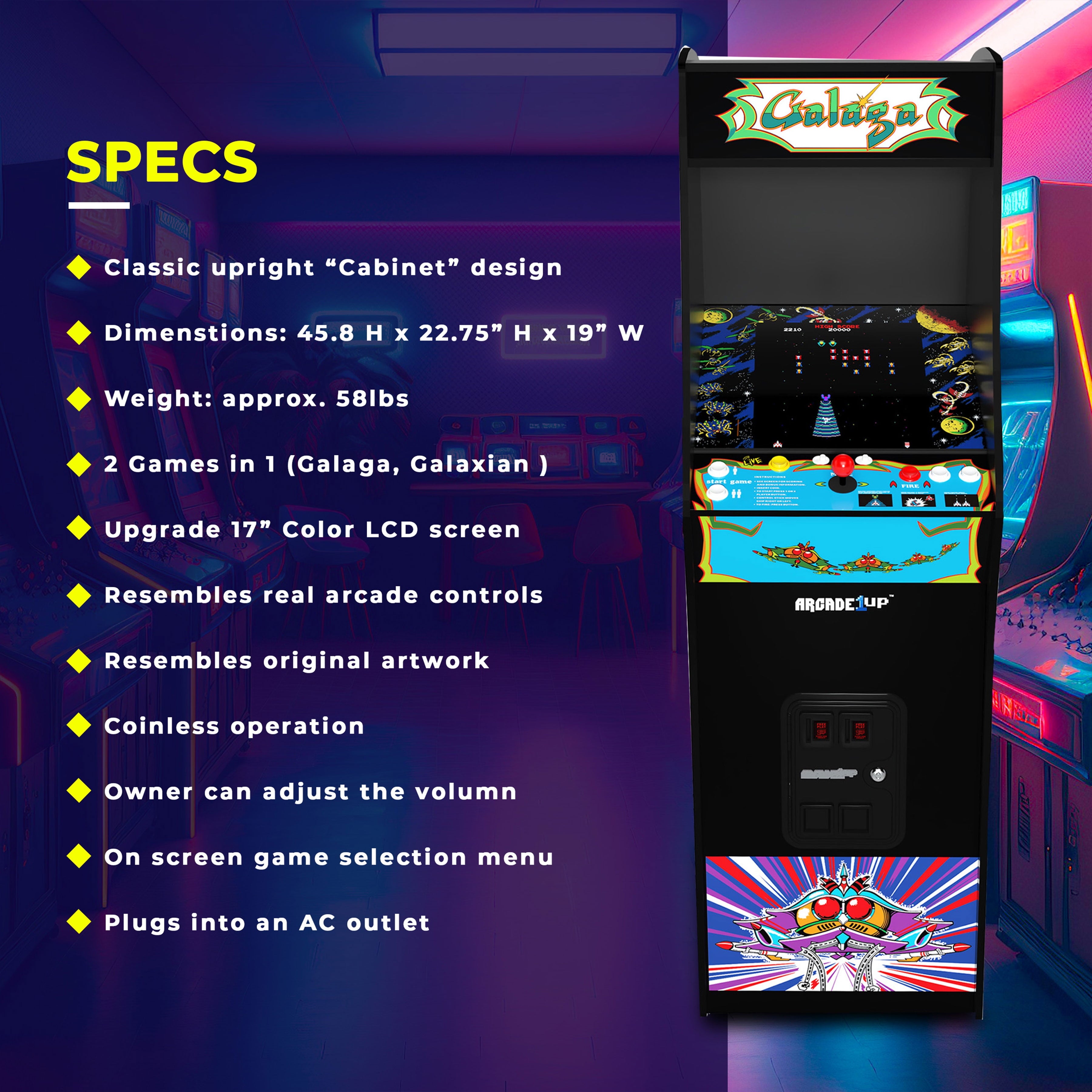 GALAGA Deluxe Arcade Game Machine 5-Foot Stand-Up Cabinet, Ages 14+