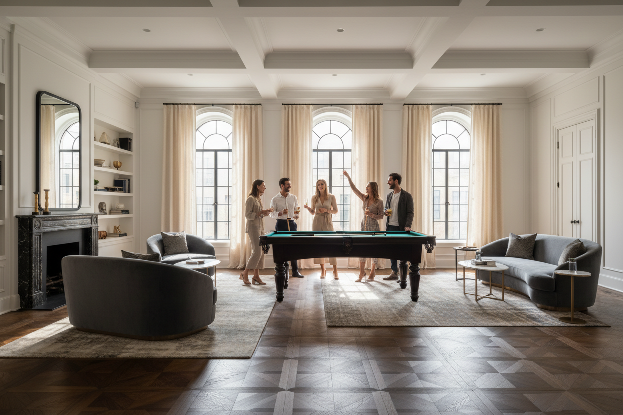 Generate a banner image suitable for a premium online store, but with natural lighting ikn this format 1420 x 180px. Feature a photorealistic "Luxury" vibe of a modern architetural high end light and welcomign relaxing entertinment room with a dark wood parwut flooring highe celiing and arched windows with balkcdetails and linens curtains and white walls and a gorup of friend usign the pool tables as the clear focus.