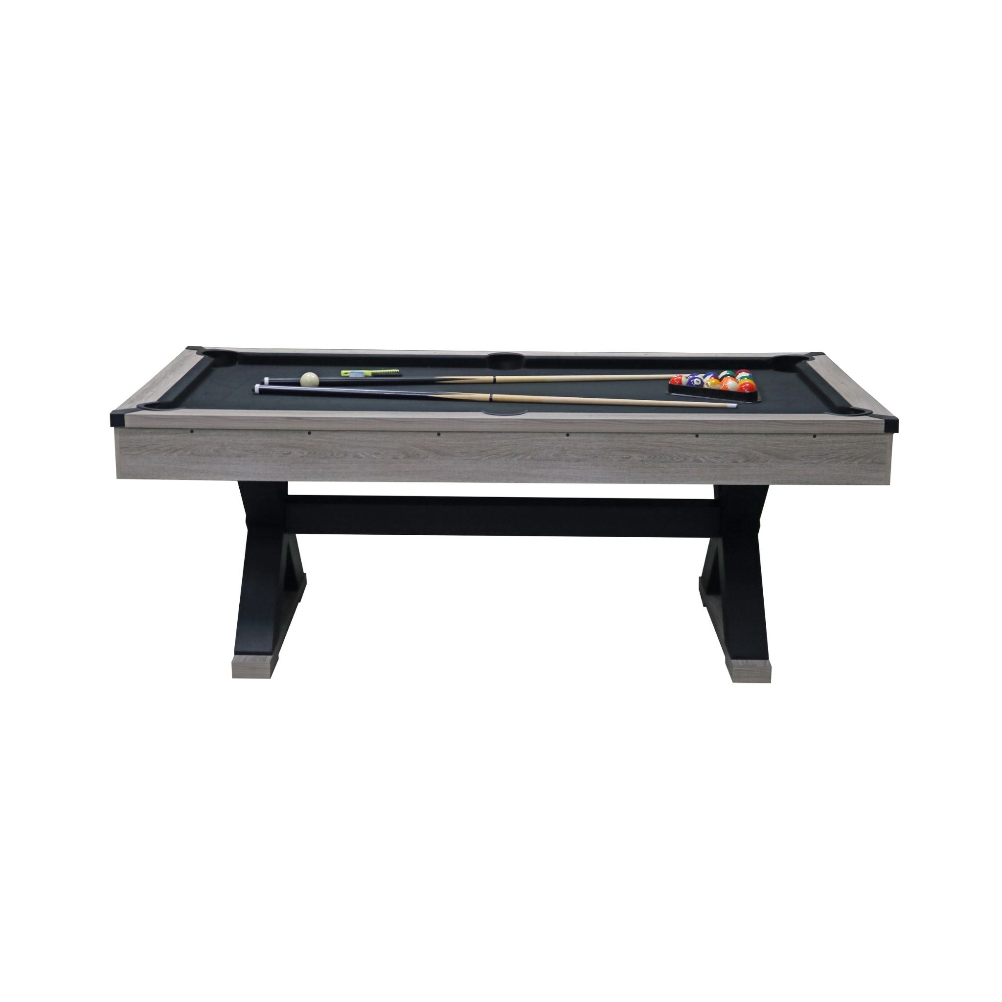 Large 84-Inch Rustic Gray Pool Table With Cues, Balls And X-Legs