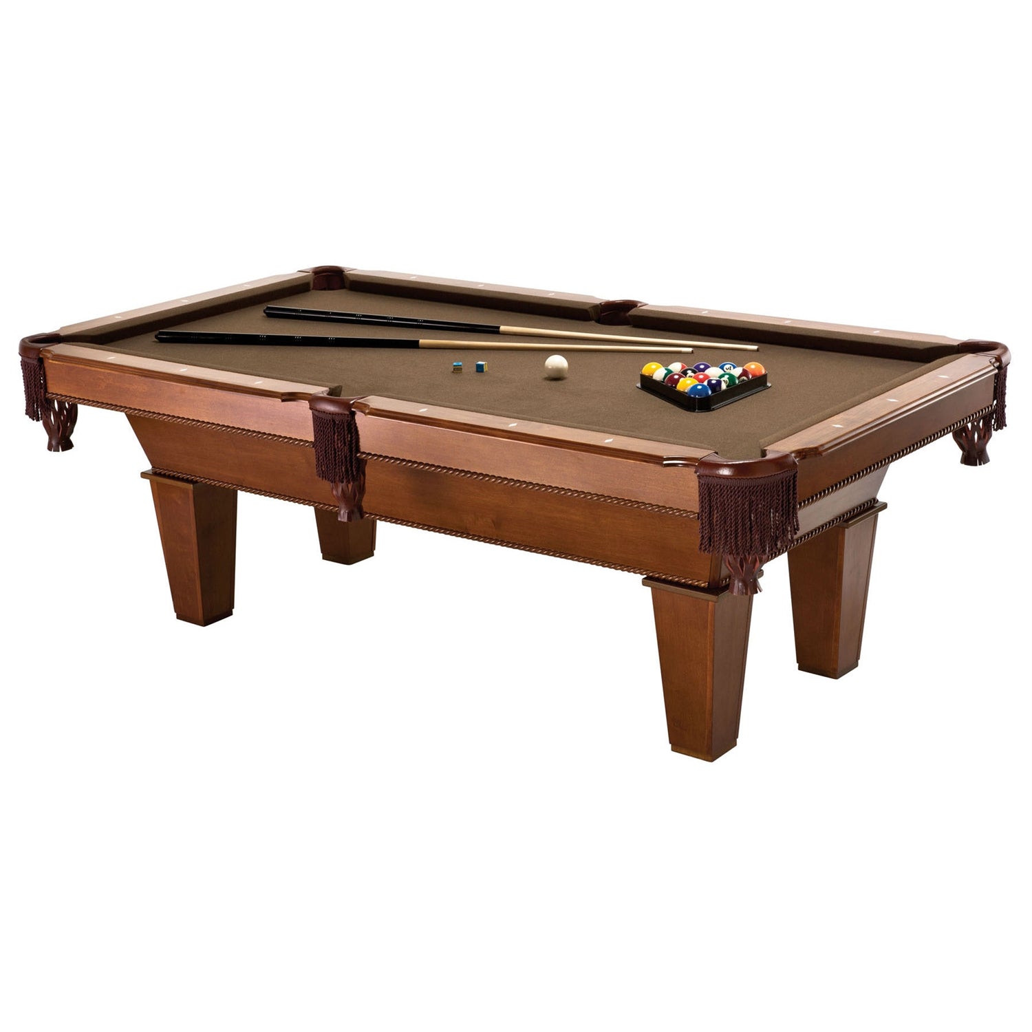 7-Ft Brown Wool Cloth Top Pool Table with 2 Cues and Billiards Balls