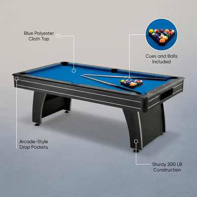 7-Ft Blue Top Pool Table with 2 Cues and Billiard Balls