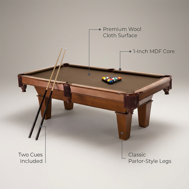 7-Ft Brown Wool Cloth Top Pool Table with 2 Cues and Billiards Balls — Lifestyle