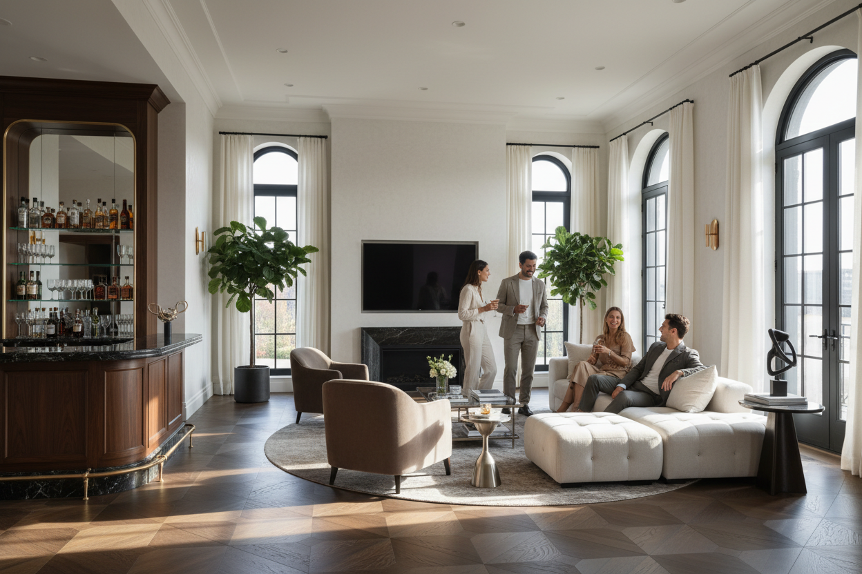 Generate a banner image suitable for a premium online store, but with natural lighting ikn this format 1420 x 180px. Feature a photorealistic "Luxury" vibe of a modern architetural high end light and welcomign relaxing entertianment room with a dark wood parwut flooring highe celiing and arched windows with balkcdetails and linens curtains and white walls and a home bar with a groudp of friedns as the clear focus. 