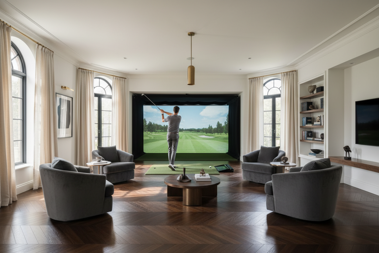 Generate a banner image suitable for a premium online store, but with natural lighting ikn this format 1420 x 180px. Feature a photorealistic "Luxury" vibe of a modern architetural high end light and welcomign relaxing entertainment room with a dark wood parwut flooring highe celiing and arched windows with balkcdetails and linens curtains and white walls and a man playing at the golf simualator s the clear focus. 