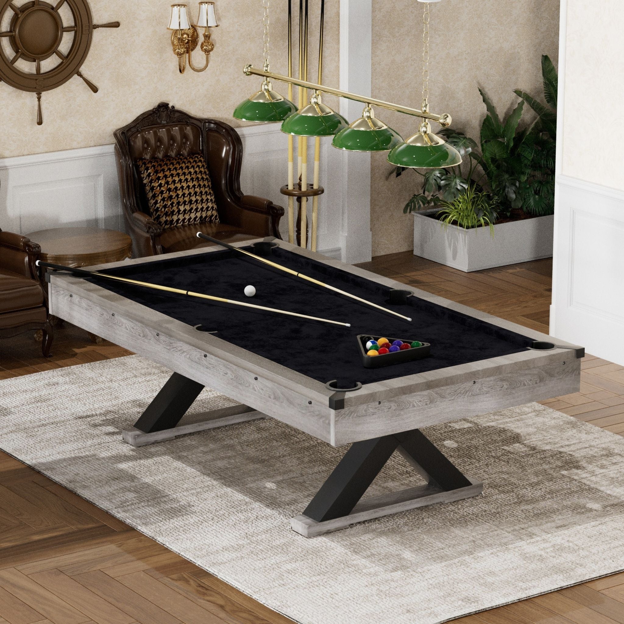 Large 84-Inch Rustic Gray Pool Table With Cues, Balls And X-Legs